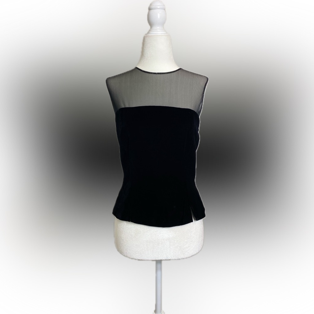 Size 8 Oleg Cassini Black Velvet Top w/ Mesh Chest and Back Zipper